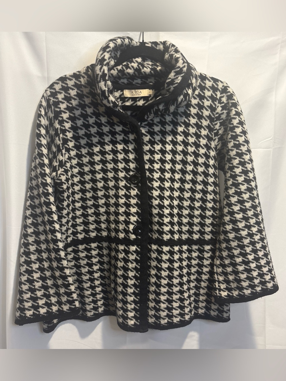 Aida Black & White Houndstooth Pea Coat with Stand Collar